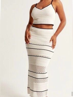 Abercrombie Crochet Knit Maxi Skirt Ivory Black Stripe XL NWT $90